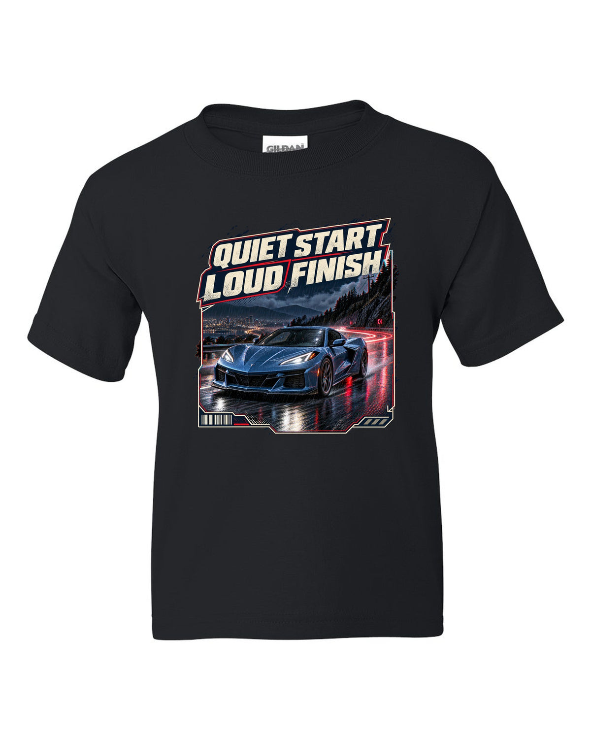 print of a Chevrolet Corvette C8 E-Ray on a wet night street with quiet start, loud finish text black kids tee front view with the design
