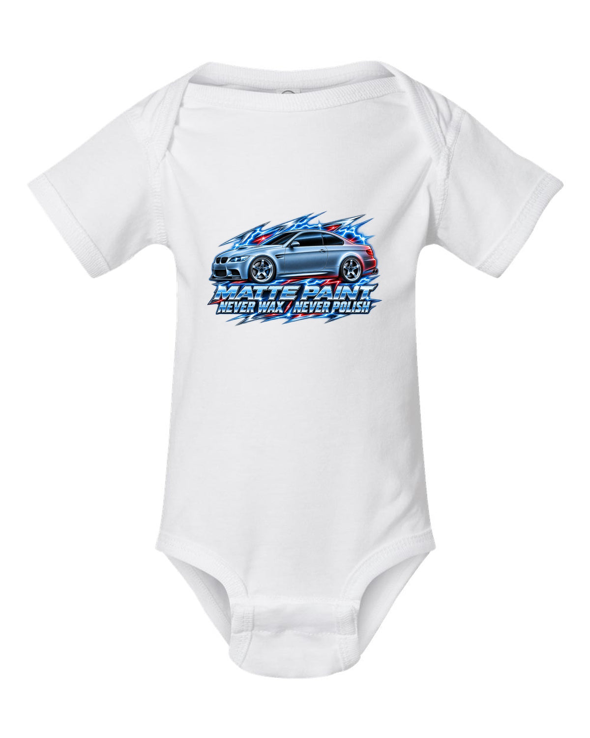 80s chrome airbrush print of a BMW E92 M3 coupe with matte paint never wax never polish text white baby onesie front view with the design