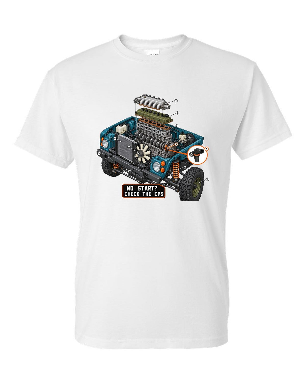 Exploded cutaway engine print of a Jeep Wrangler TJ with check the CPS text white t-shirt front view with the design