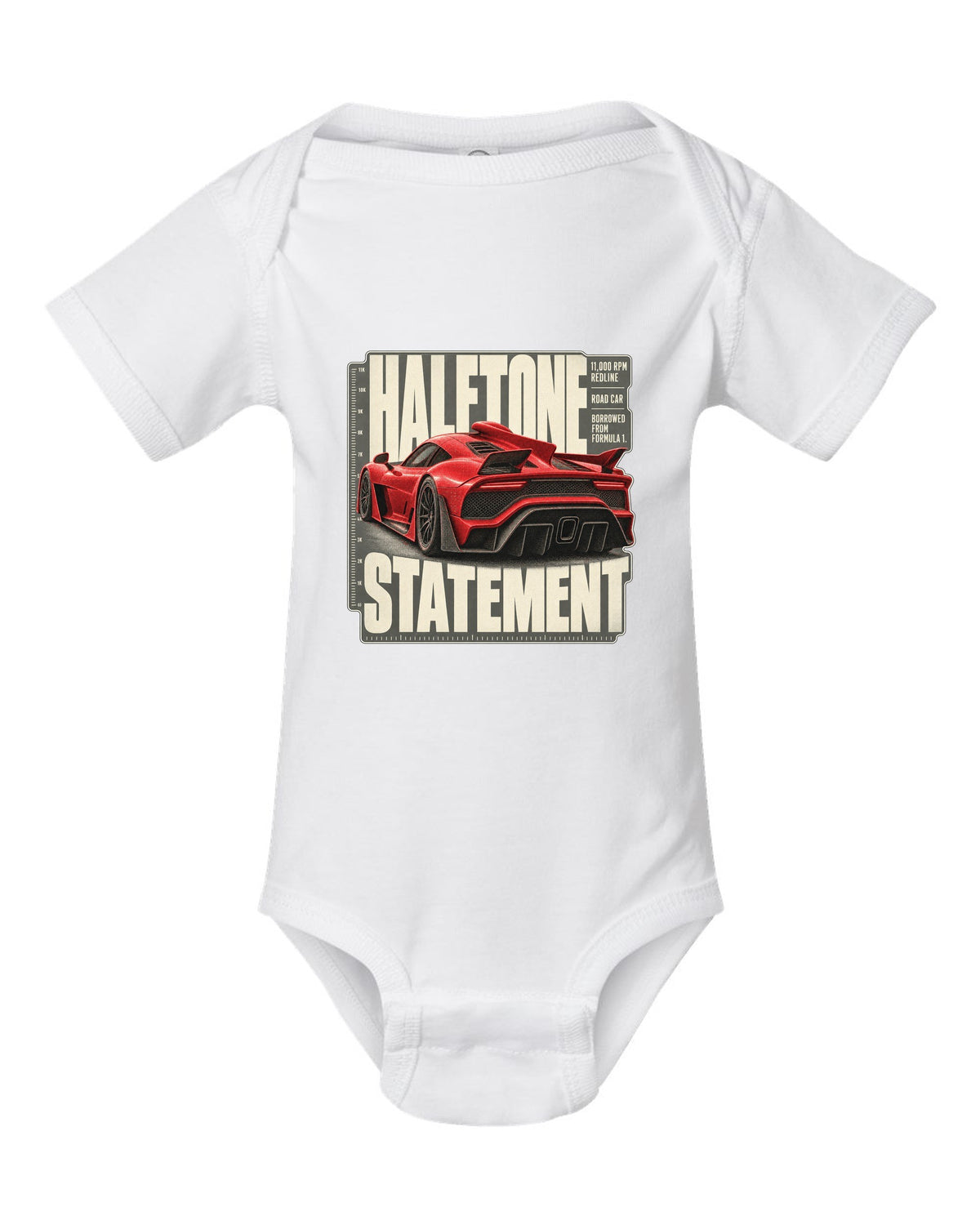 Mercedes-AMG One halftone design of the shark-fin airscoop white baby onesie front view with the design