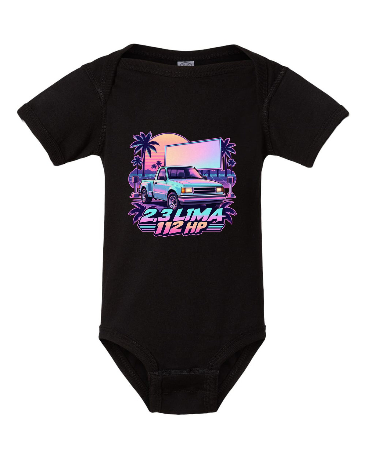 Ford Ranger 1995 stepside at a drive-in in a vaporwave pastel print black baby onesie front view with the design