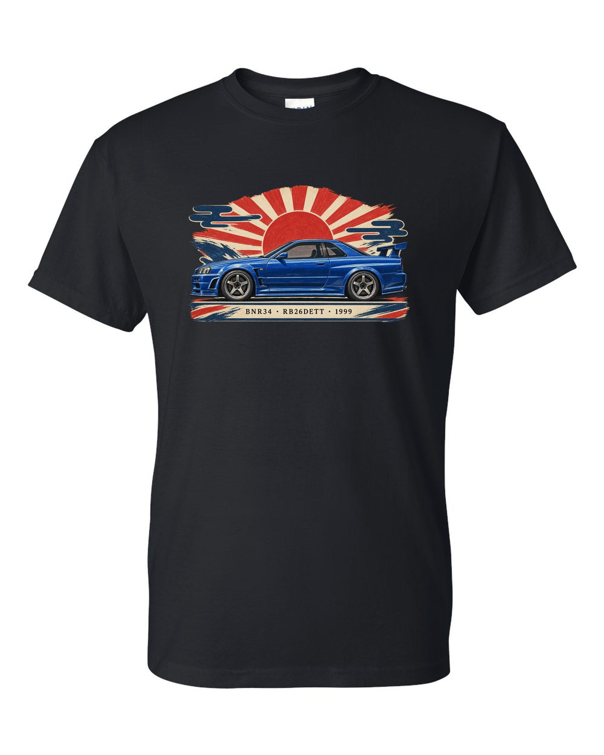 Retro Japanese Showa catalogue ad style print of a 1999 Nissan Skyline GT-R BNR34 with RB26DETT lettering black t-shirt front view with the design