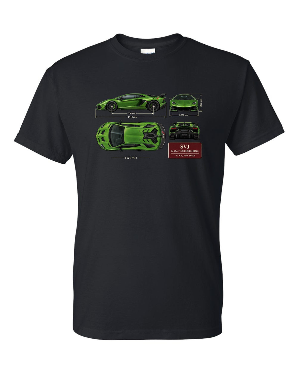 Dimension blueprint print of the Lamborghini Aventador SVJ with Nurburgring lap time black t-shirt front view with the design
