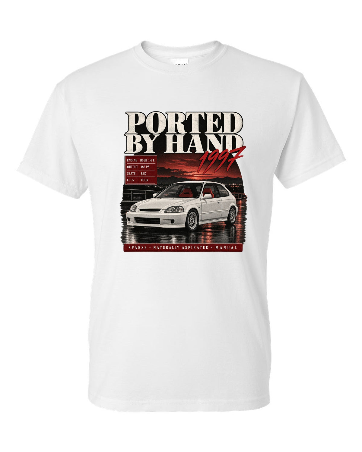 Archive panel print of a 1997 Honda Civic EK9 chback with hand-ported text white t-shirt front view with the design