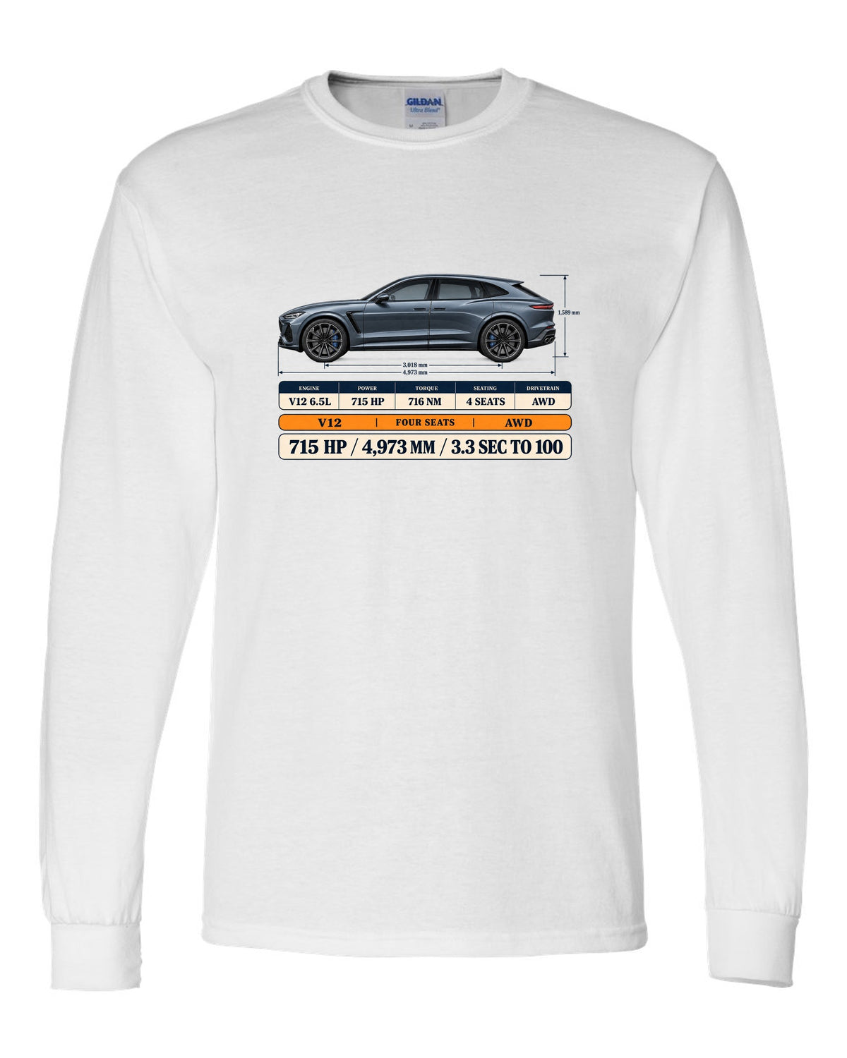 Spec poster print of the Ferrari Purosangue with power and length figures white long sleeve front view with the design