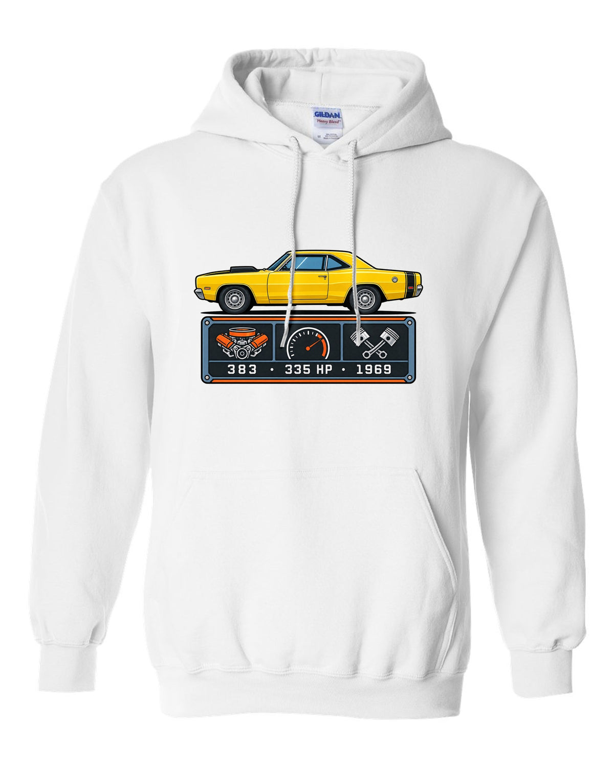 Spec-sheet data plate design for a 1969 Dodge Coronet Super Bee with 383 and 335 HP white pull over hoodie front view with the design