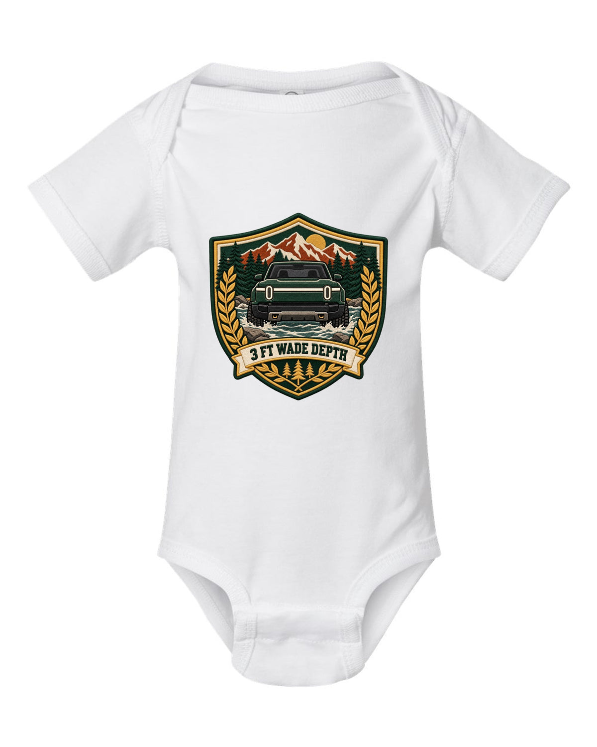 Rivian R1T varsity shield crest print with the text 3 ft wade depth white baby onesie front view with the design