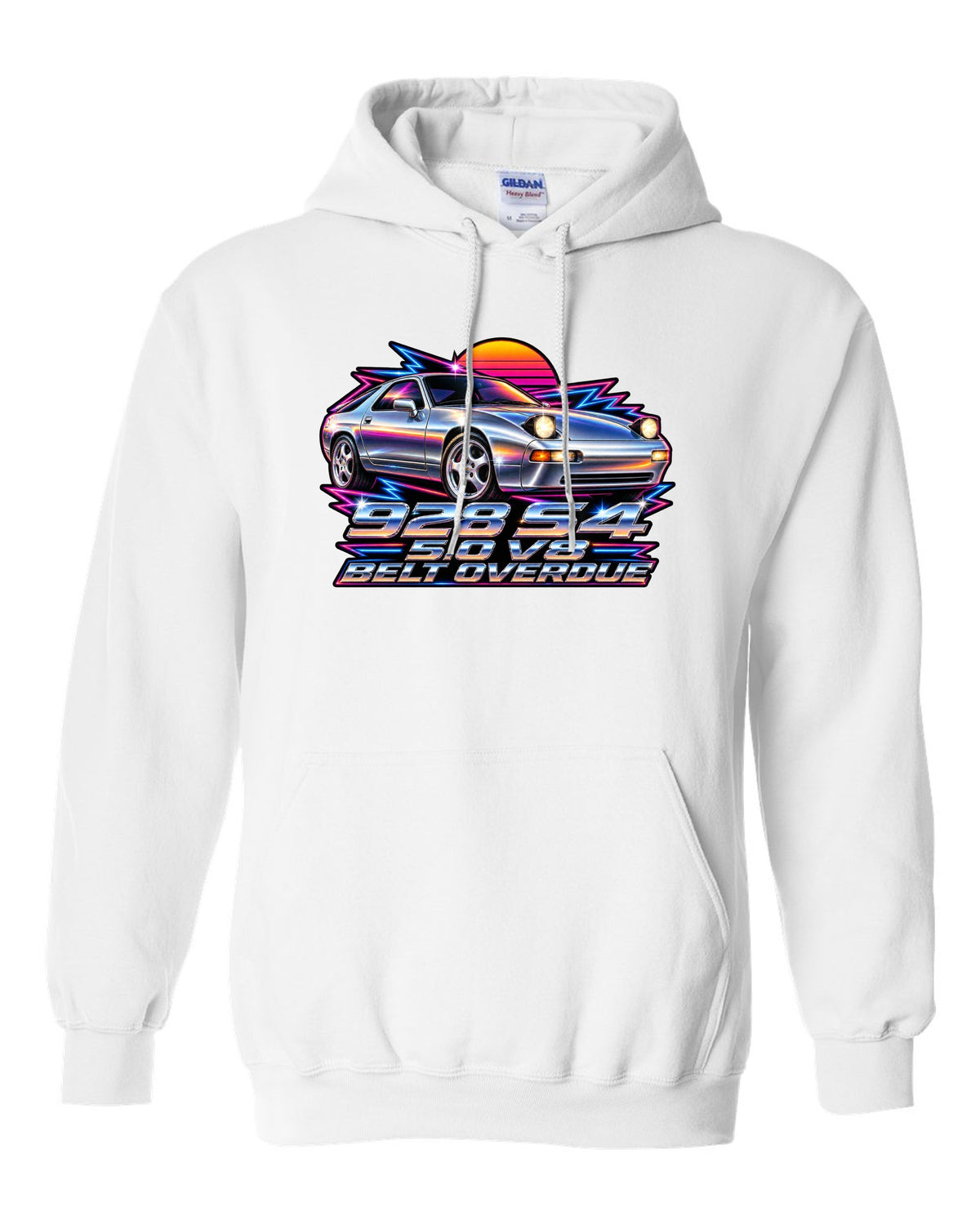 Porsche 928 S4 80s airbrush chrome design with pop-up headlights white pull over hoodie front view with the design