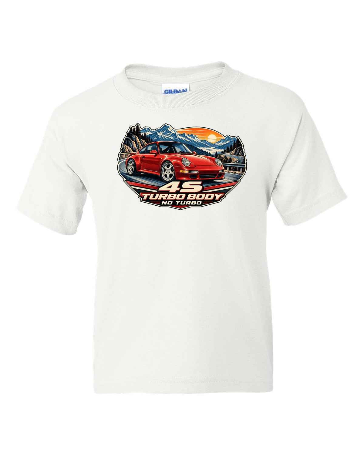 Shield crest print of a 1973 Porsche 911 Carrera RS 2.7 ducktail with the text RS 2.7, 210 PS and 975 KG white kids tee front view with the design