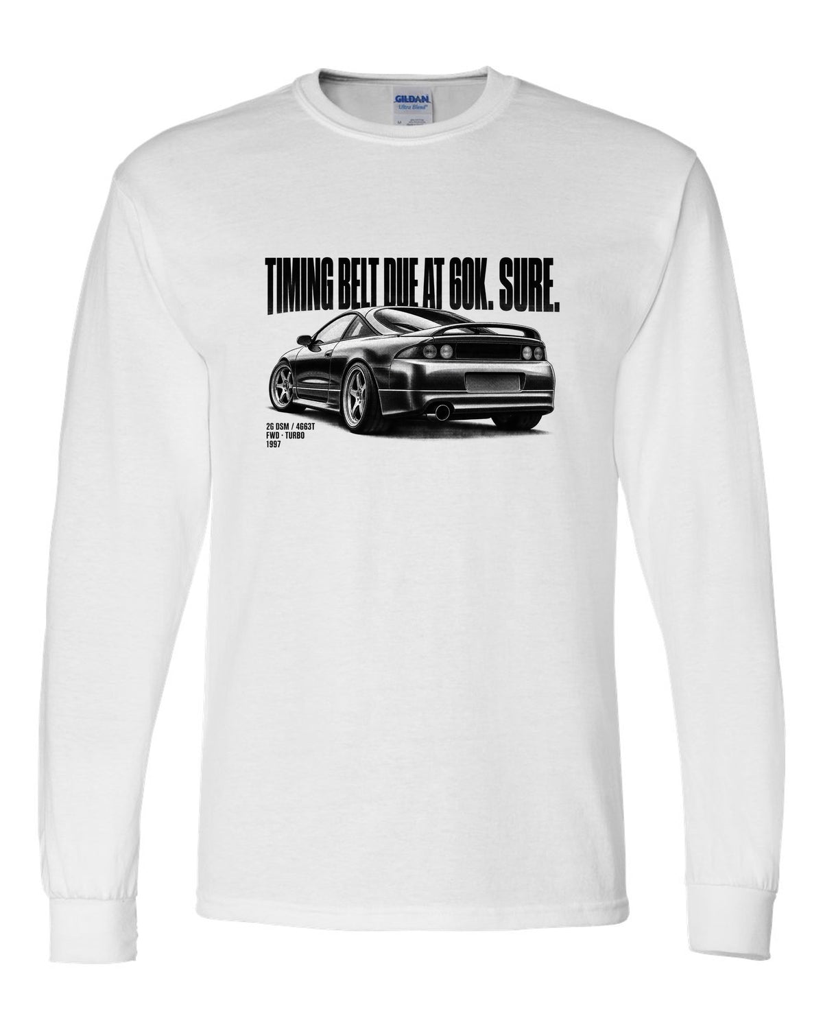 Mitsubishi Eclipse GS-T 2G DSM halftone print with timing belt joke and 4G63T text white long sleeve front view with the design