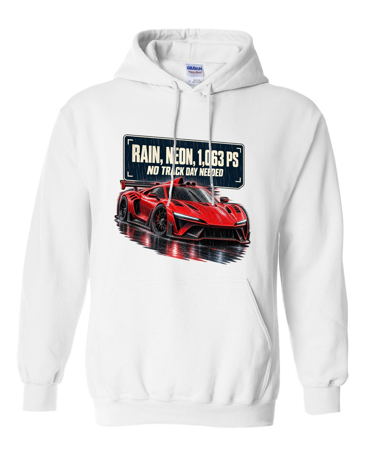 Mercedes-AMG One hypercar on a rainy neon night street white pull over hoodie front view with the design