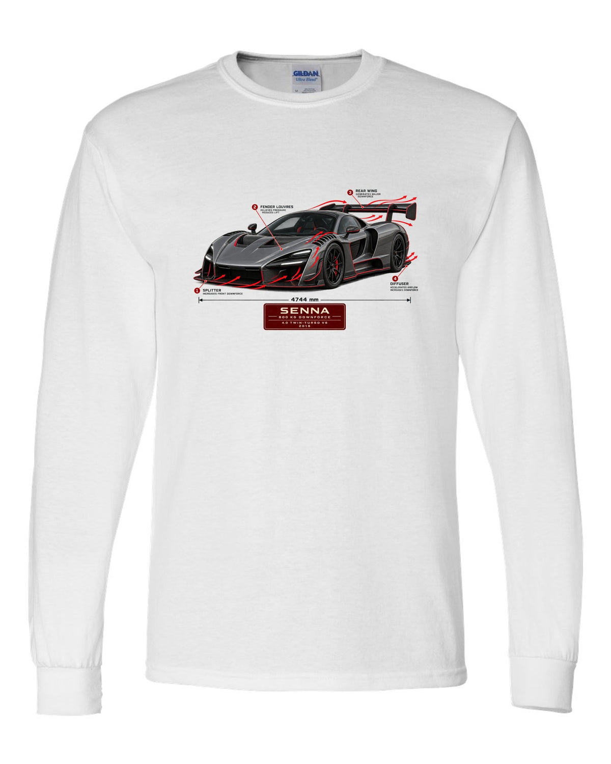 Aero callout print of a McLaren Senna showing 800 kg downforce white long sleeve front view with the design