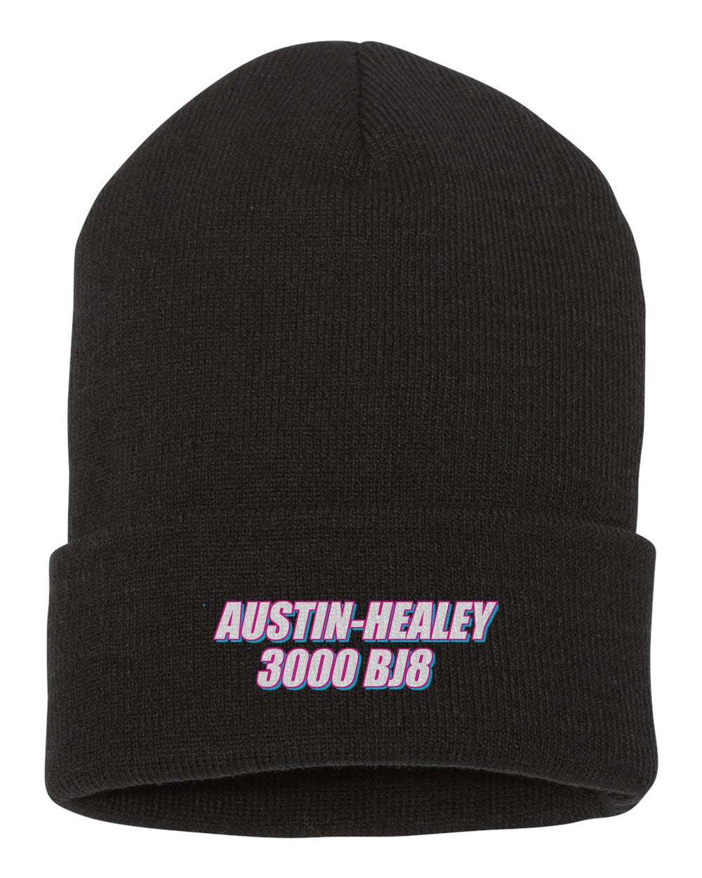 Austin-Healey 3000 Bj8 black beanie front view with car name