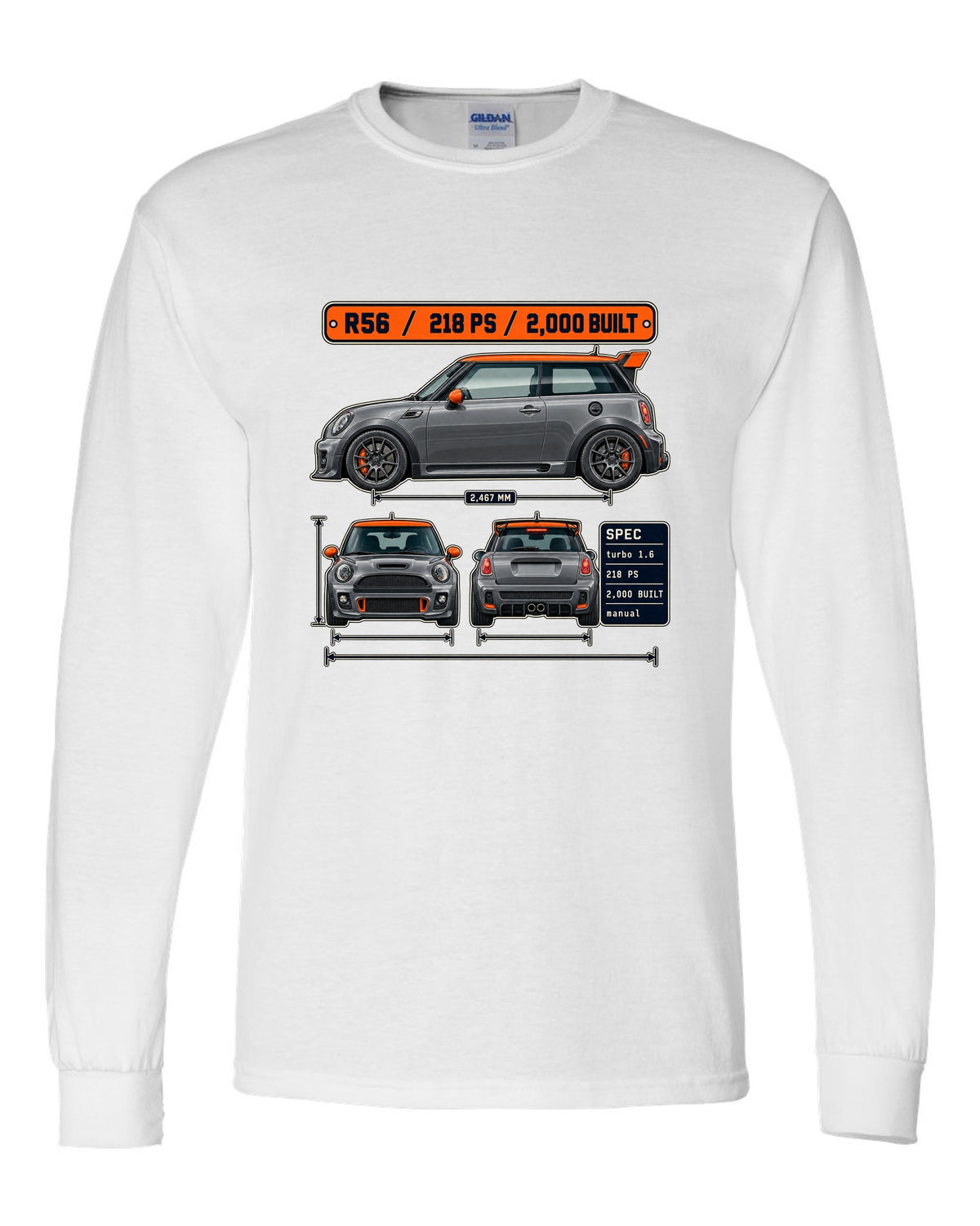 Three-view and spec table print for the Mini JCW GP R56 2012 with 2,000 built text white long sleeve front view with the design