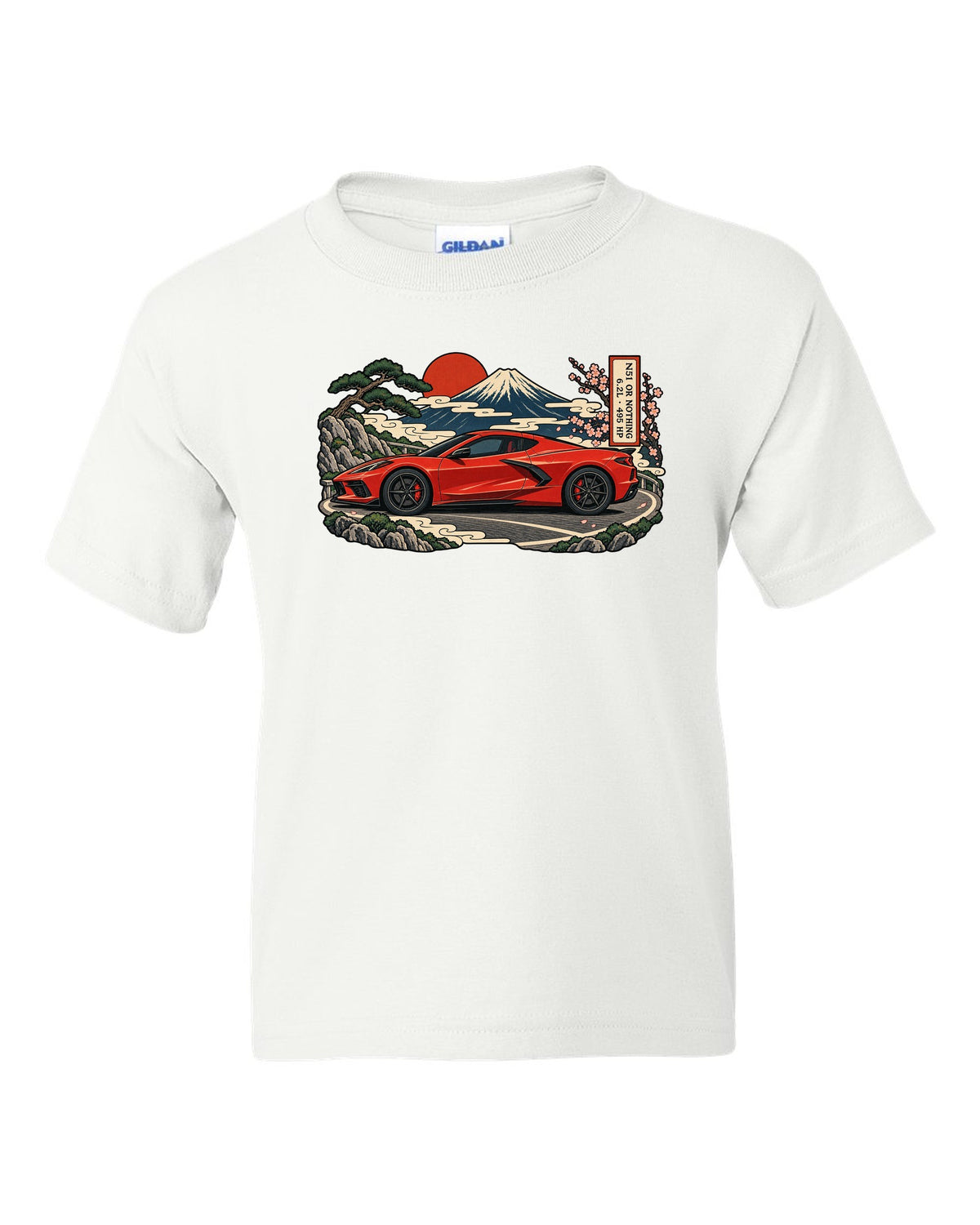 Synthwave sunset grid design with a 2020 C8 Corvette Stingray seen from the rear three-quarter white kids tee front view with the design