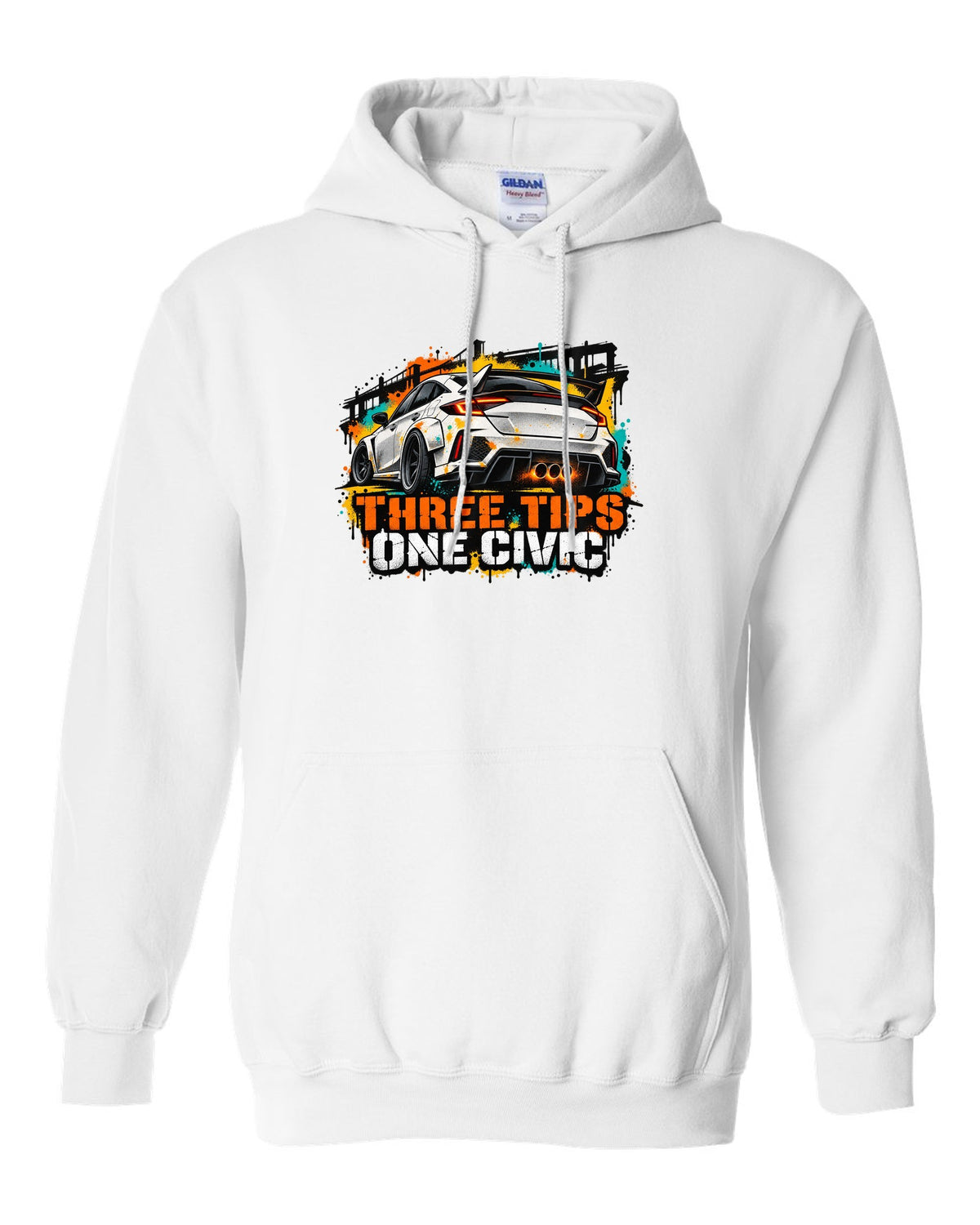 Stencil spray street art print of a 2023 Honda Civic FL5 ch with three tips one Civic text white pull over hoodie front view with the design