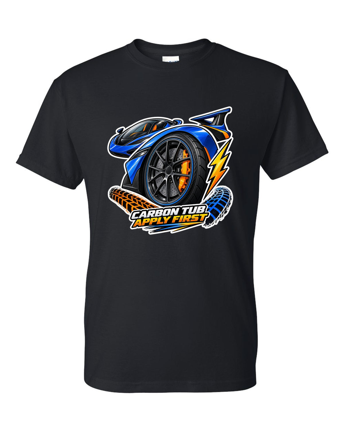 Sticker-bomb collage print for the 2017-2022 Ford GT with carbon tub text black t-shirt front view with the design