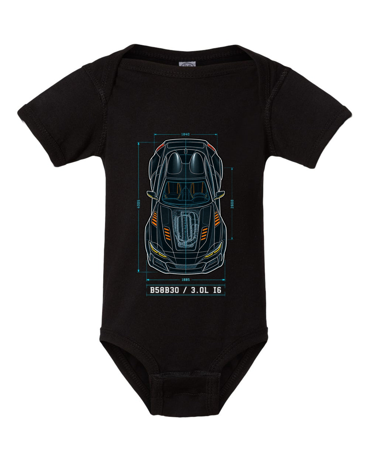 Patent-style overhead blueprint of the B58B30 3.0L inline-six in the Toyota GR Supra A90 black baby onesie front view with the design