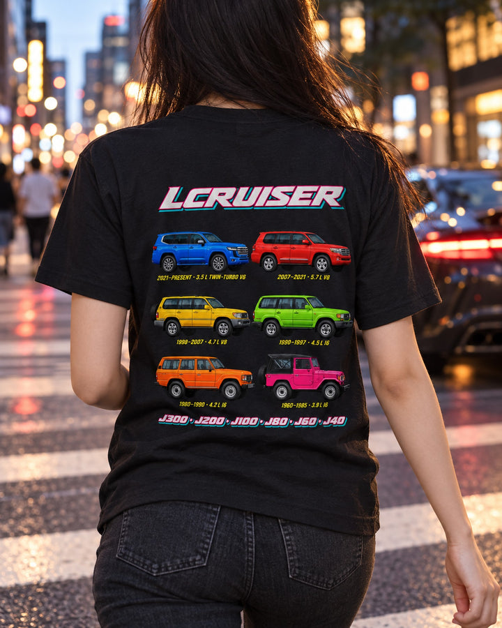 Toyota Land Cruiser Evolution Poster Full-Back Graphic Tee T-Shirt Black worn hero