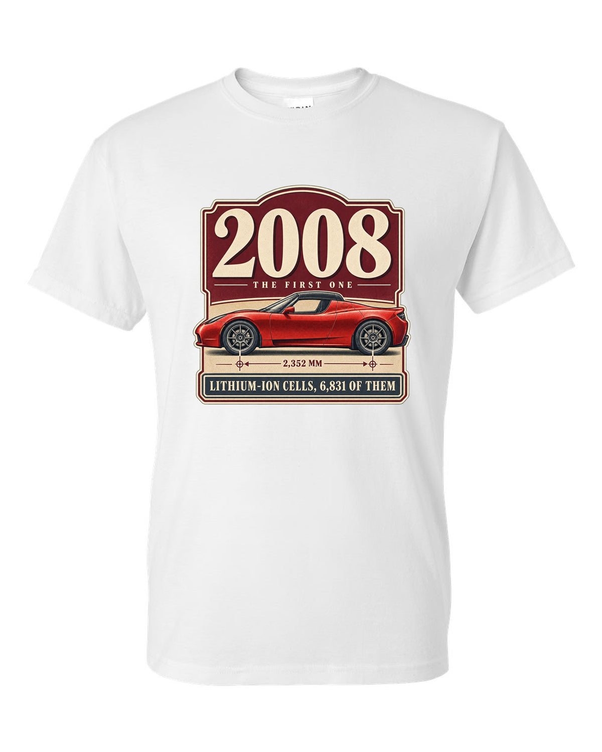 Tesla Roadster 2008 Archive Panel white t-shirt front view with the design