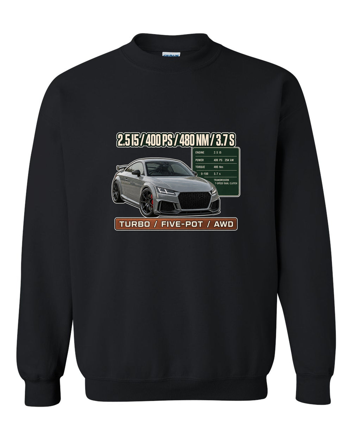Audi TT RS 8S coupe spec poster print with 400 PS and 480 Nm black crewneck front view with the design