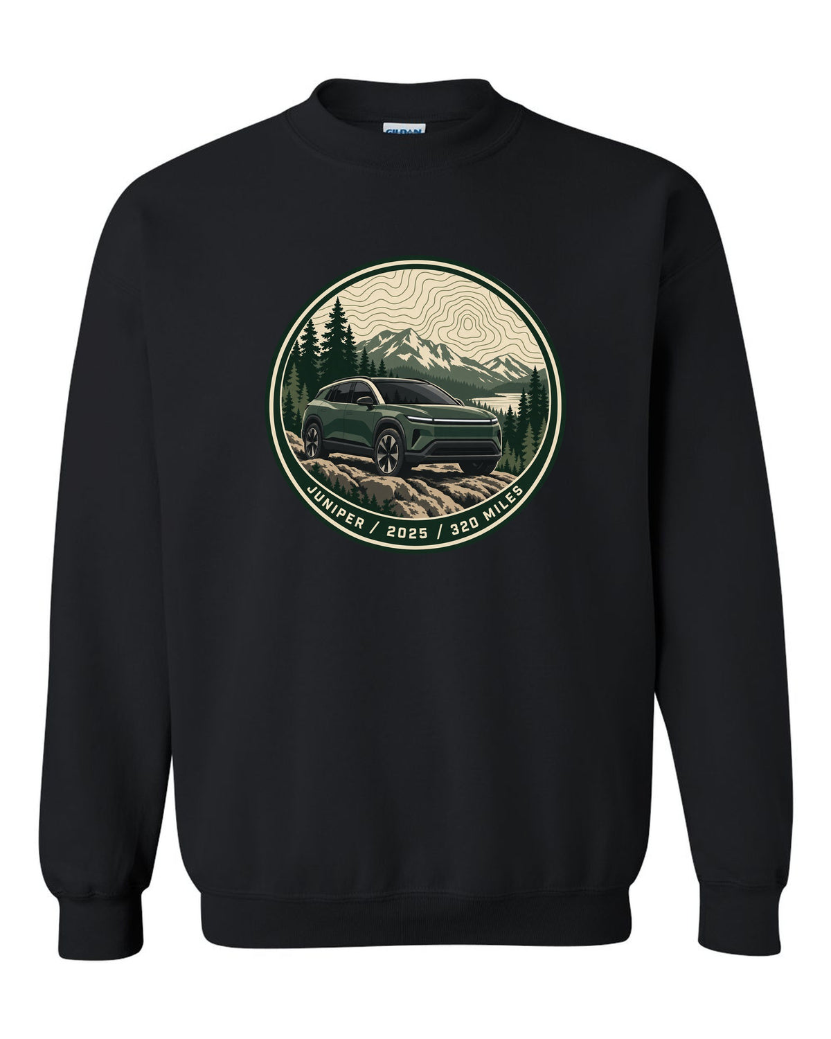 Topographic contour map trail badge print for a Tesla Model Y Juniper reading Juniper 2025 320 Miles black crewneck front view with the design