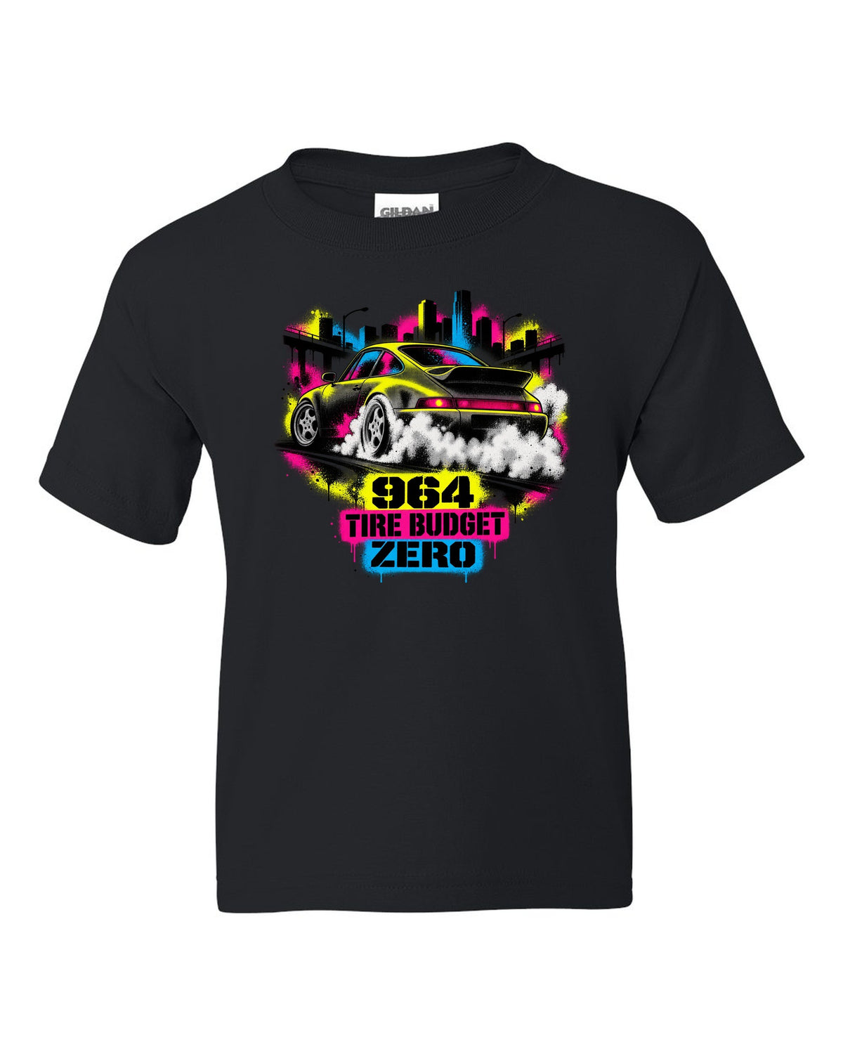 Street-art stencil print of a Porsche 911 Carrera 4 964 with the text 964, tire budget, zero black kids tee front view with the design