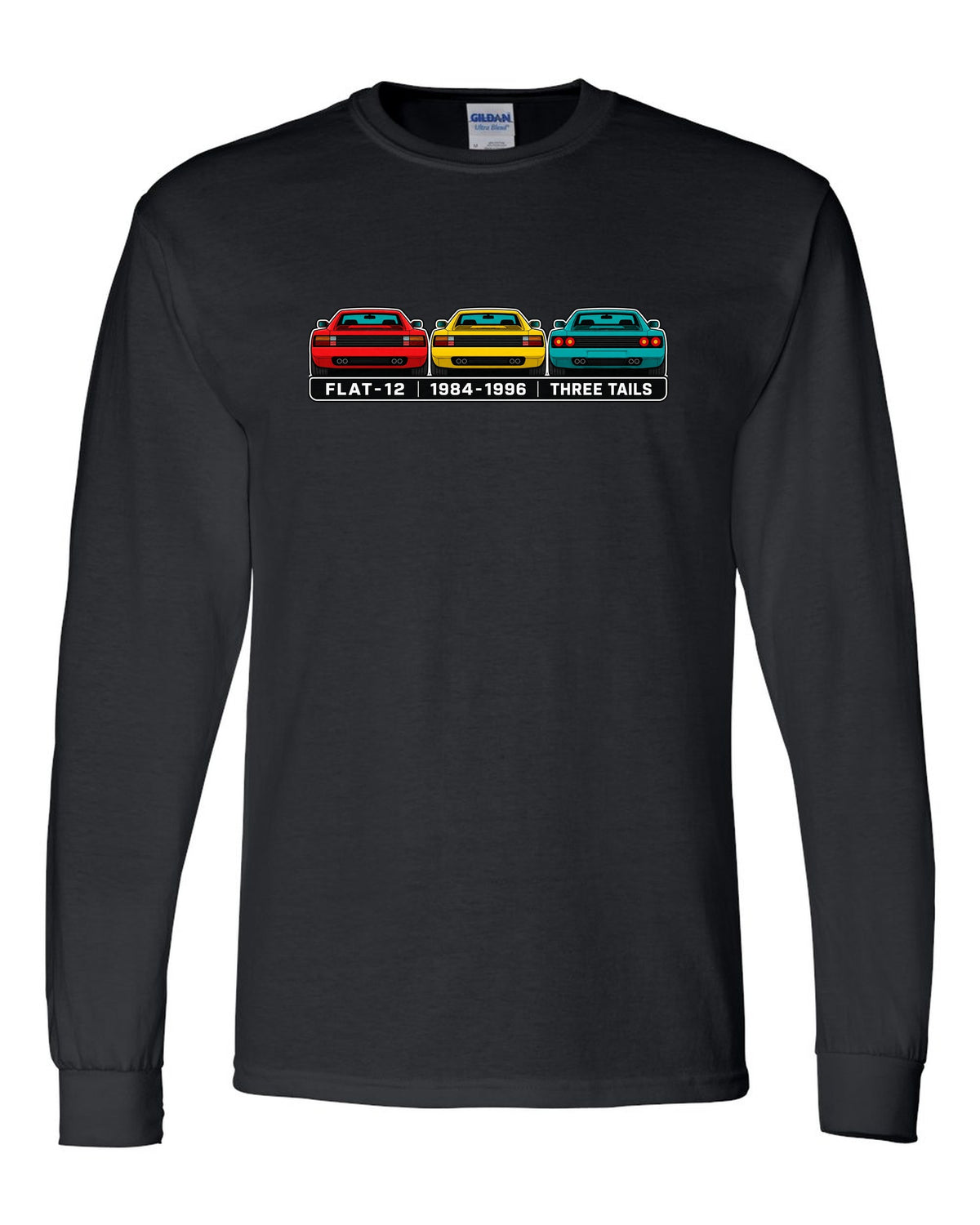 Flat colour infographic of Ferrari Testarossa, 512 TR and F512 M tail ends black long sleeve front view with the design