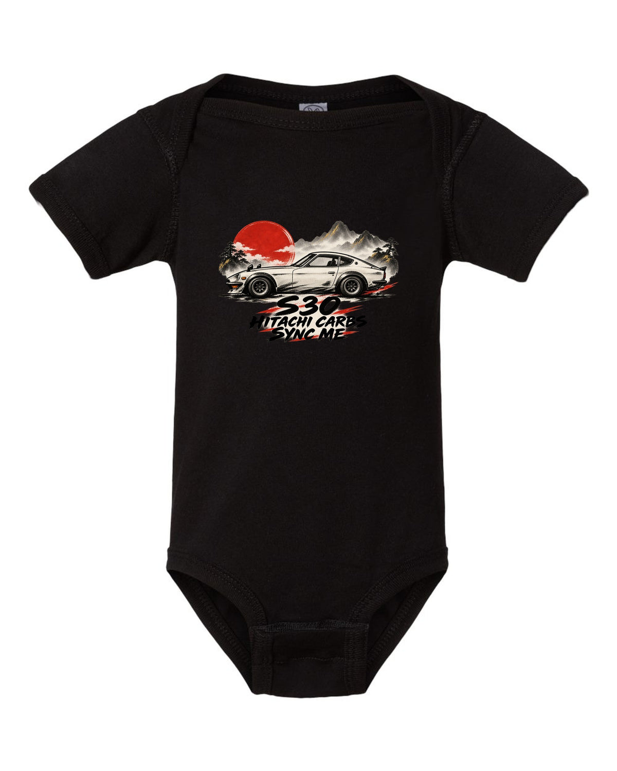 Sumi-e ink wash profile of a 1972 Datsun 240Z S30 with red accents black baby onesie front view with the design