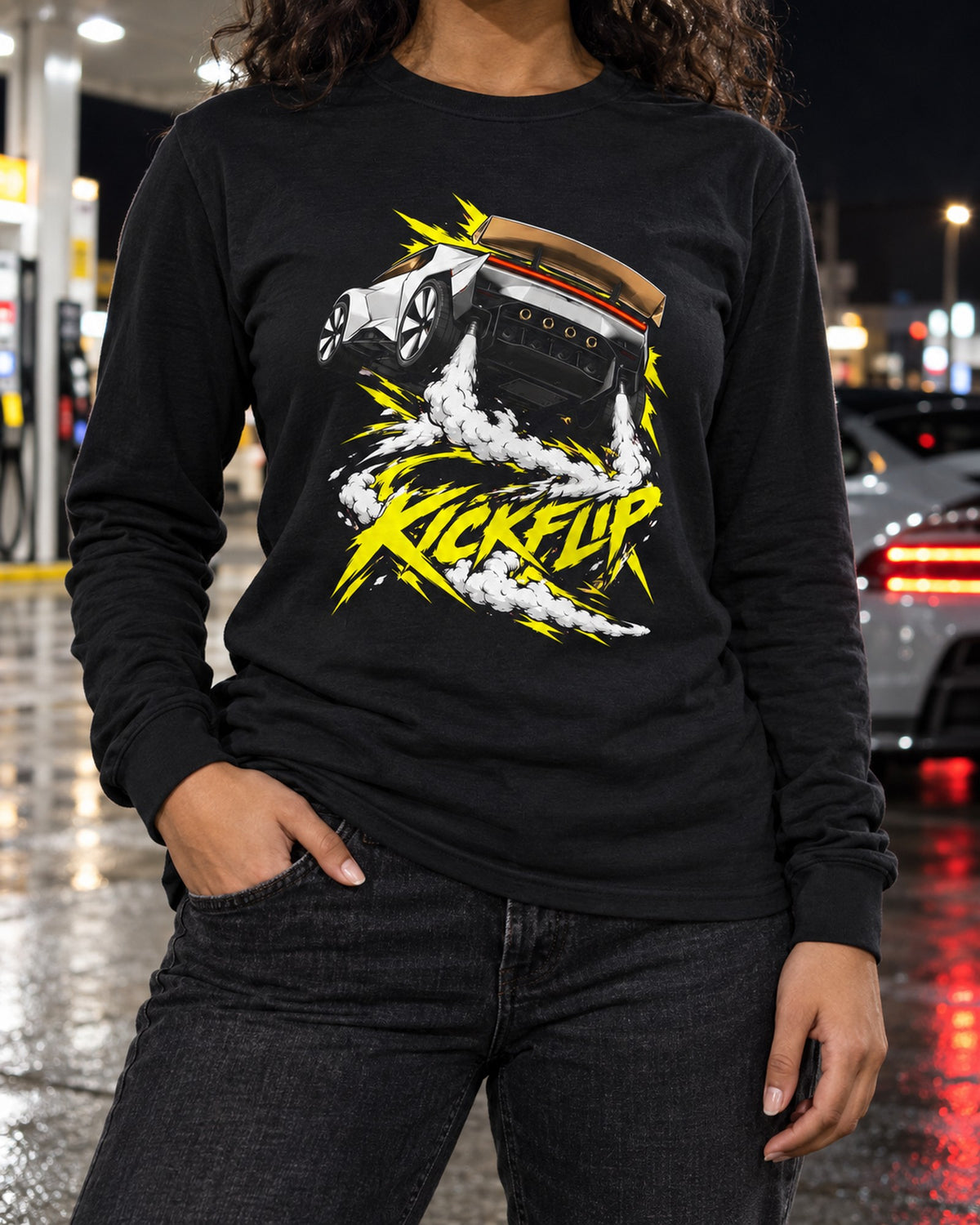 Tesla Roadster Kickflip Shirt, Hoodie & More Long Sleeve Black worn hero