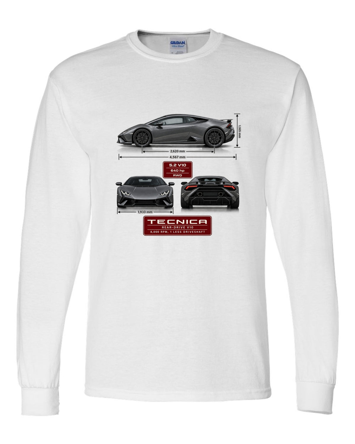Three-view spec table print of the Lamborghini Huracan Tecnica white long sleeve front view with the design
