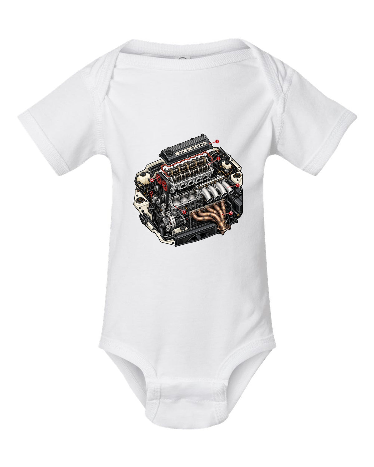 Exploded cutaway engine illustration for a Mercedes 190E 2.5-16 Evo II W201 white baby onesie front view with the design