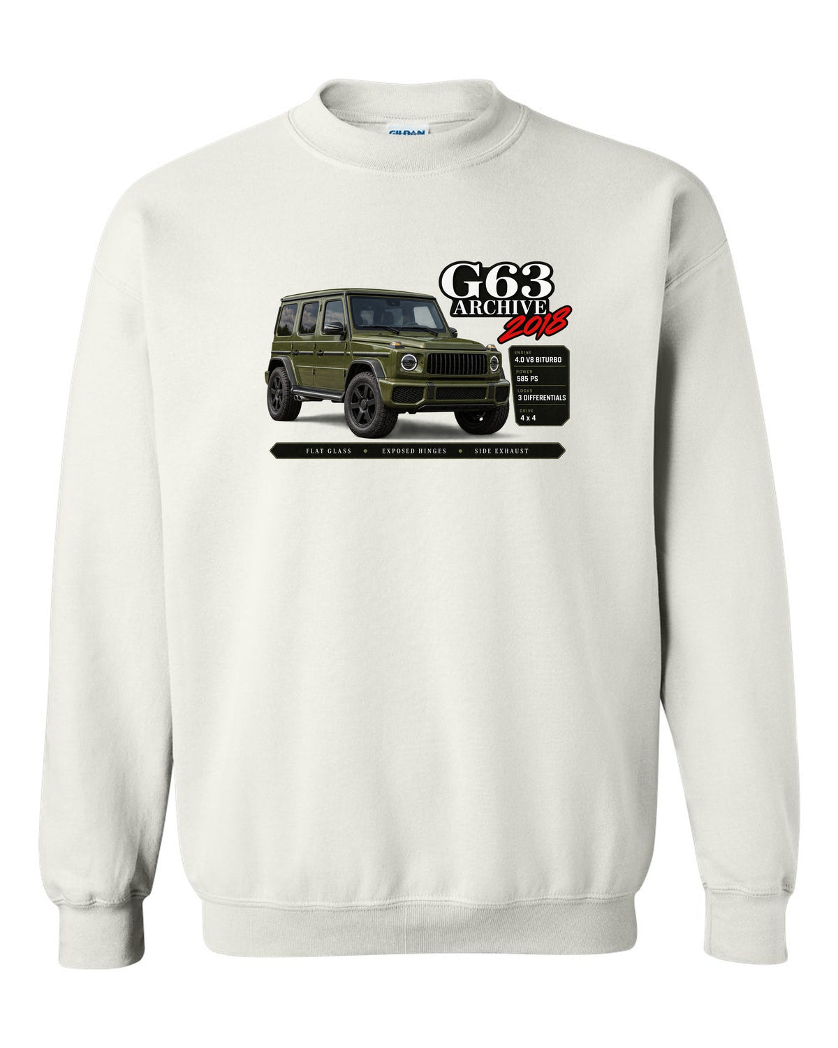 Archive panel print of a Mercedes-AMG G63 W464 with G63 Archive 2018 lettering white crewneck front view with the design