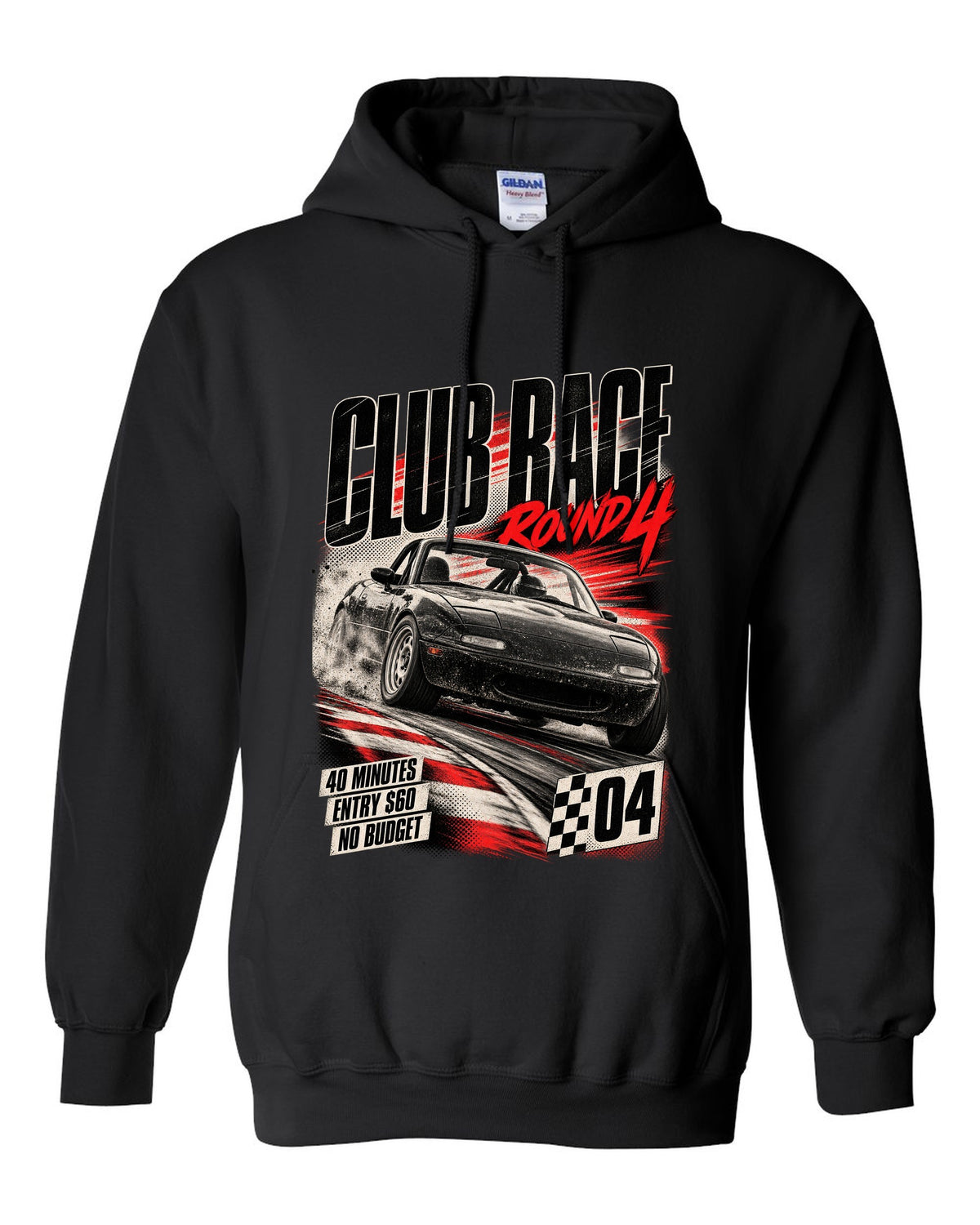 Race poster print for the Mazda MX-5 NA 1989-97 reading club race round 4, 40 minutes, entry $60 black pull over hoodie front view with the design