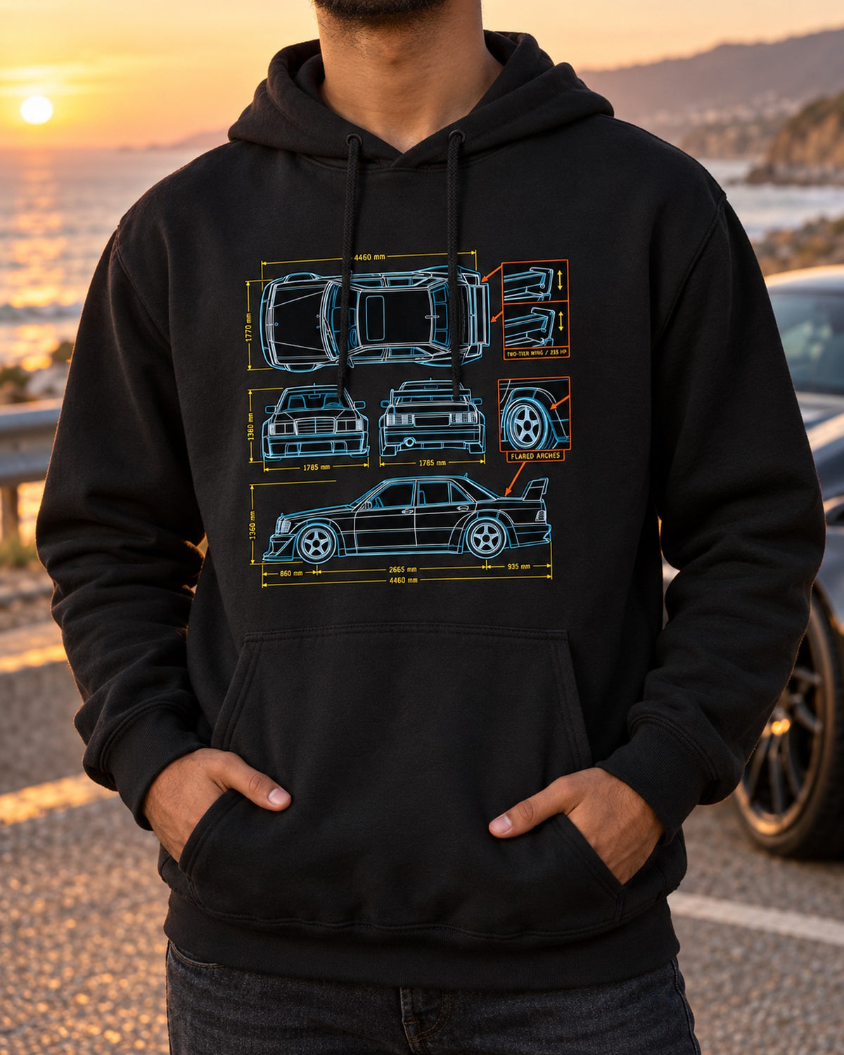 Mercedes 190E Evo II W201 Top-Down Blueprint Shirt, 235 HP Pull Over Hoodie Black worn hero