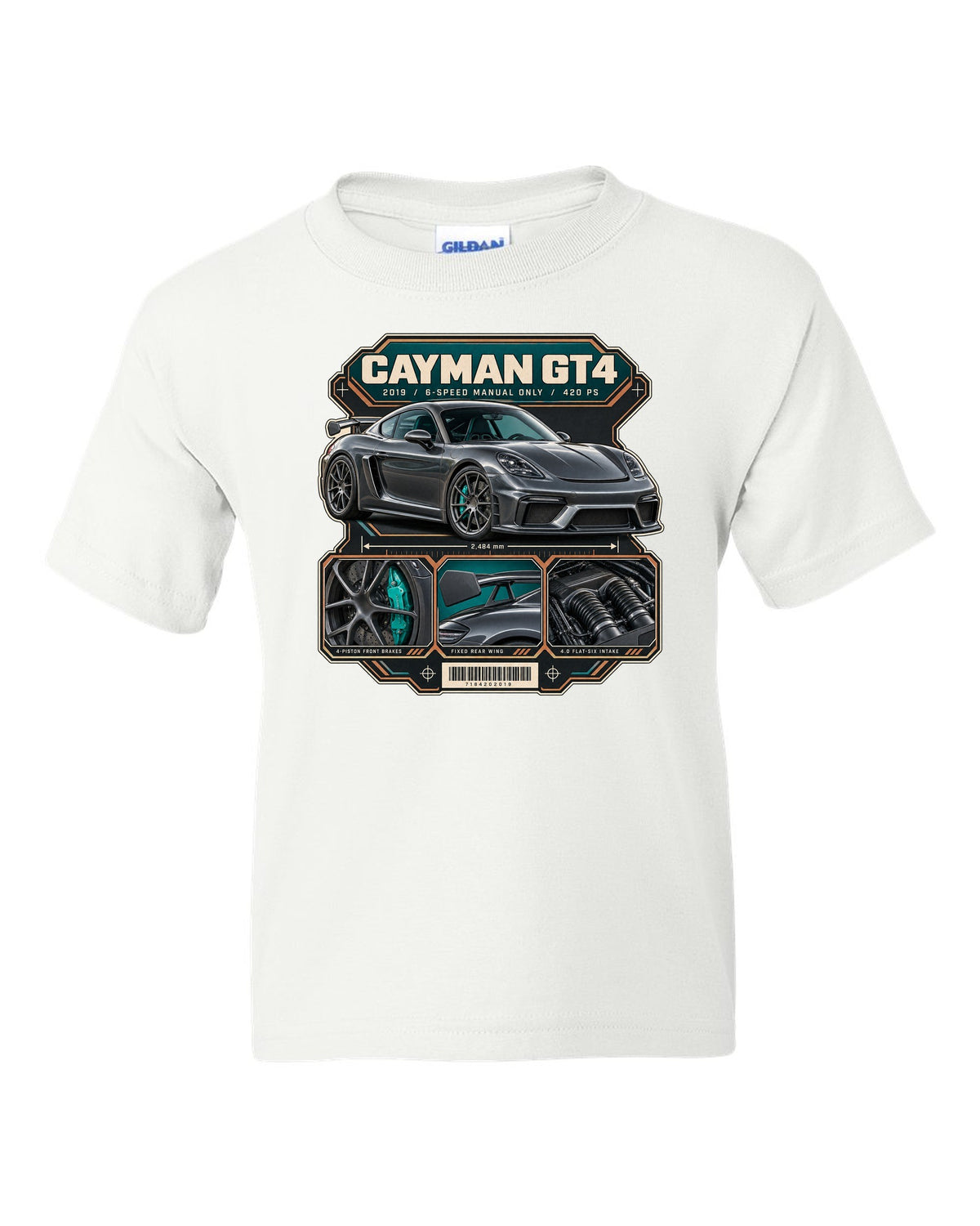 Dossier panel print of a Porsche 718 Cayman GT4 982 white kids tee front view with the design
