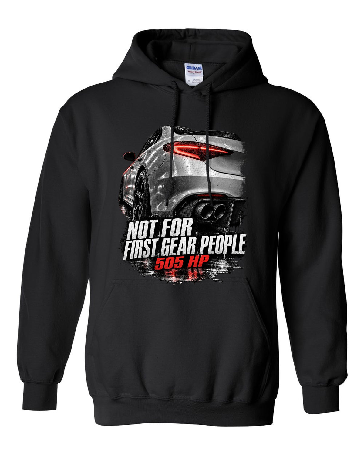 Taillight macro print of an Alfa Romeo Giulia Quadrifoglio with 505 HP text black pull over hoodie front view with the design