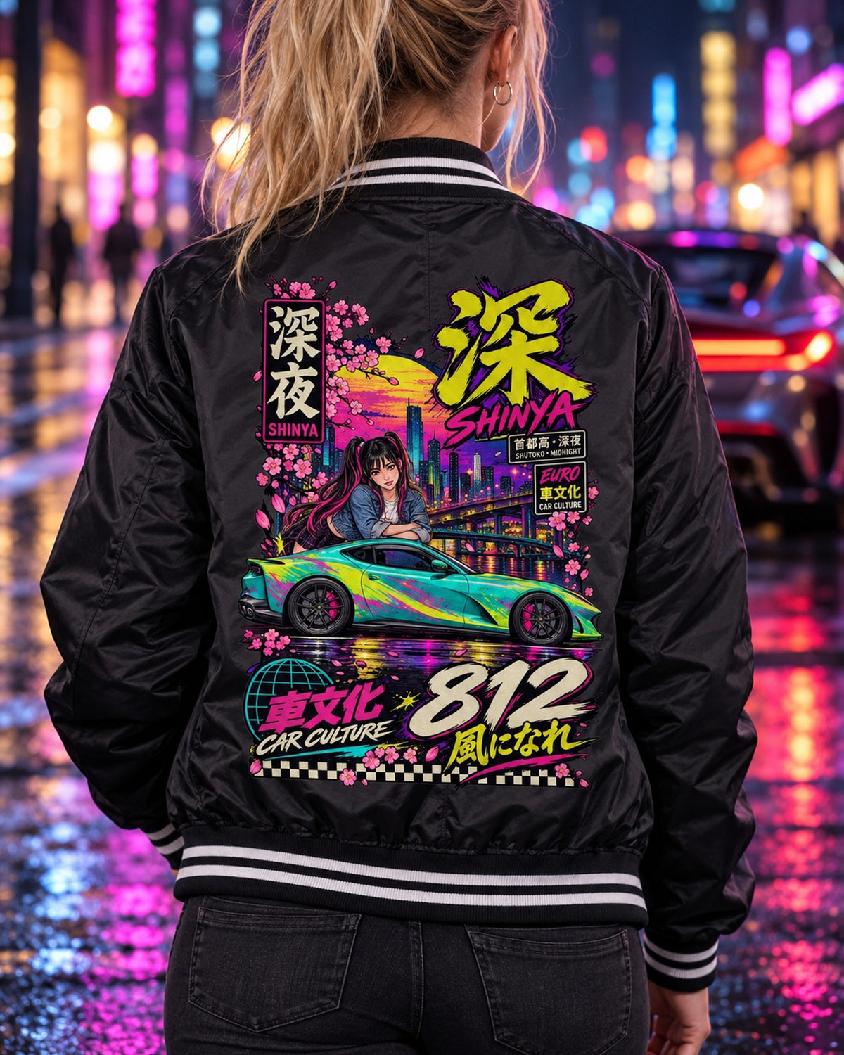 SHINYA 812 Anime Girl Full-Back Graphic Tee Bomber Jacket Black worn hero