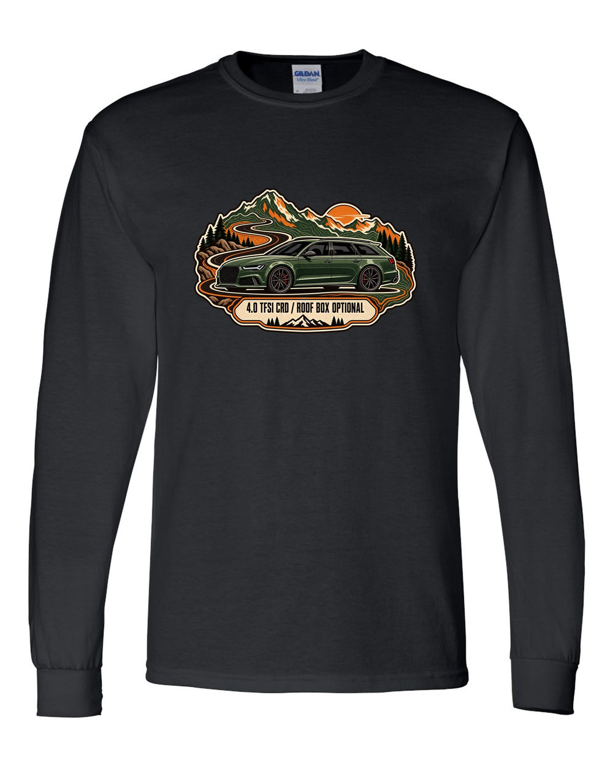 Topographic route map design of the Audi RS6 Avant C7 4G with 4.0 TFSI and roof box optional lettering black long sleeve front view with the design