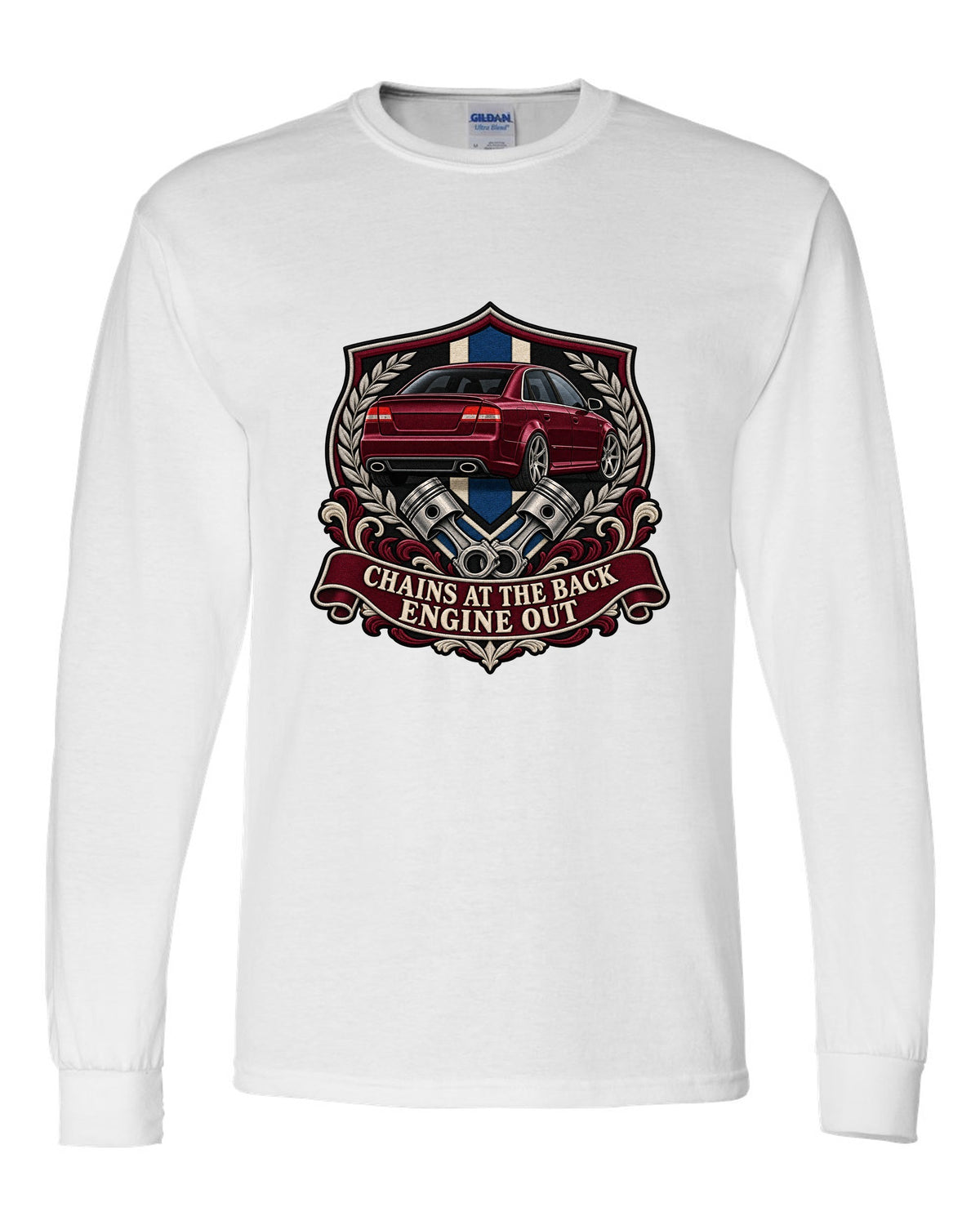 Varsity seal print of an Audi S4 B7 sedan with Engine Out text white long sleeve front view with the design