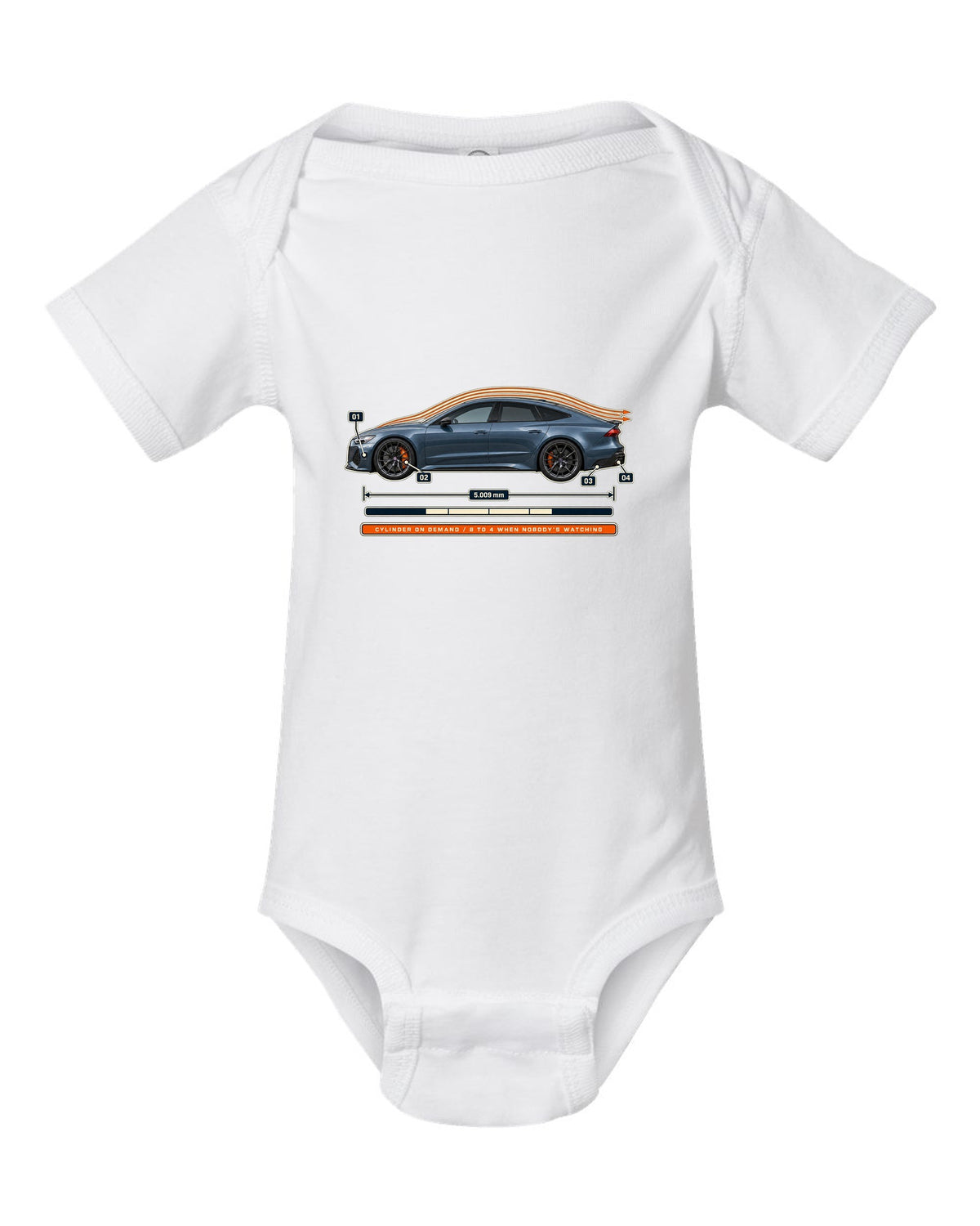 Aero callout print of an Audi RS7 Sportback C8 with cylinder on demand caption white baby onesie front view with the design