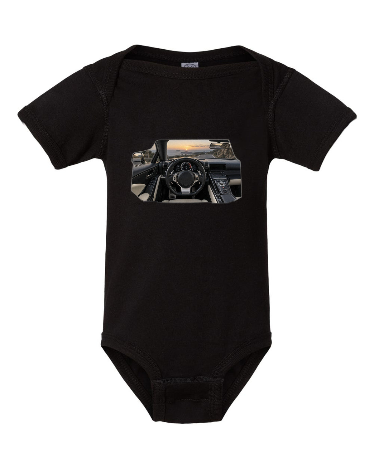 Three-view drawing and spec table of the Lexus LFA Nurburgring Package black baby onesie front view with the design