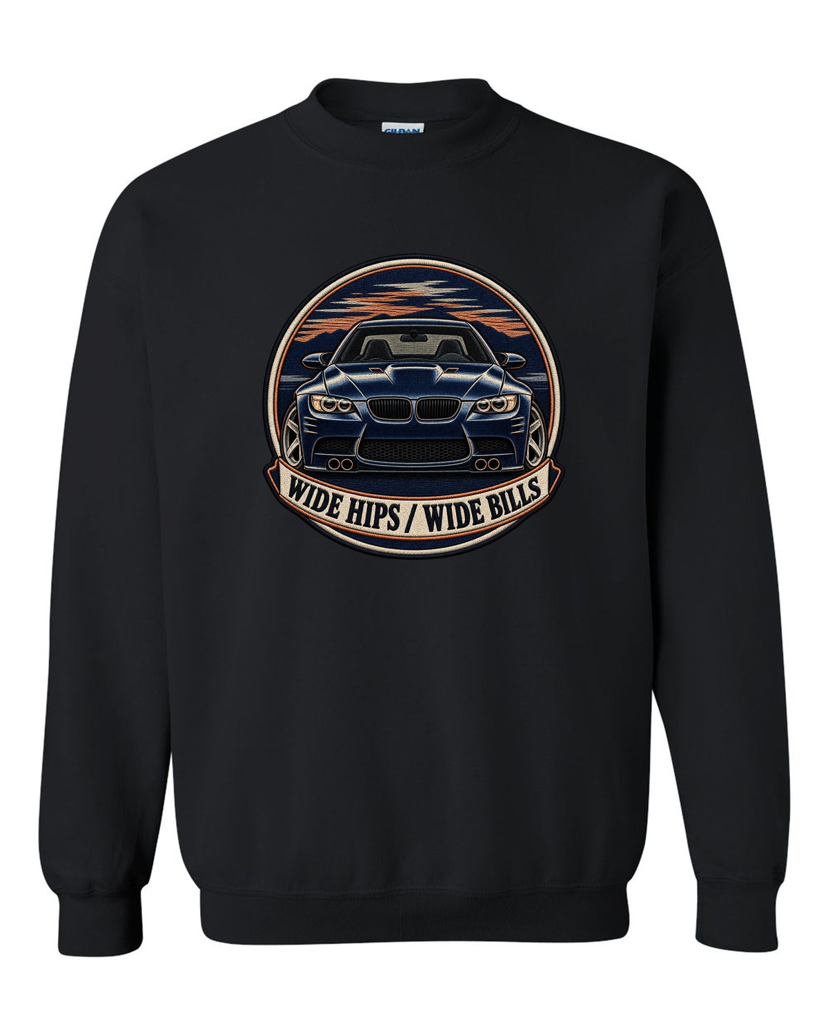 Varsity crest style print of a BMW E92 M3 coupe with wide hips wide bills text black crewneck front view with the design