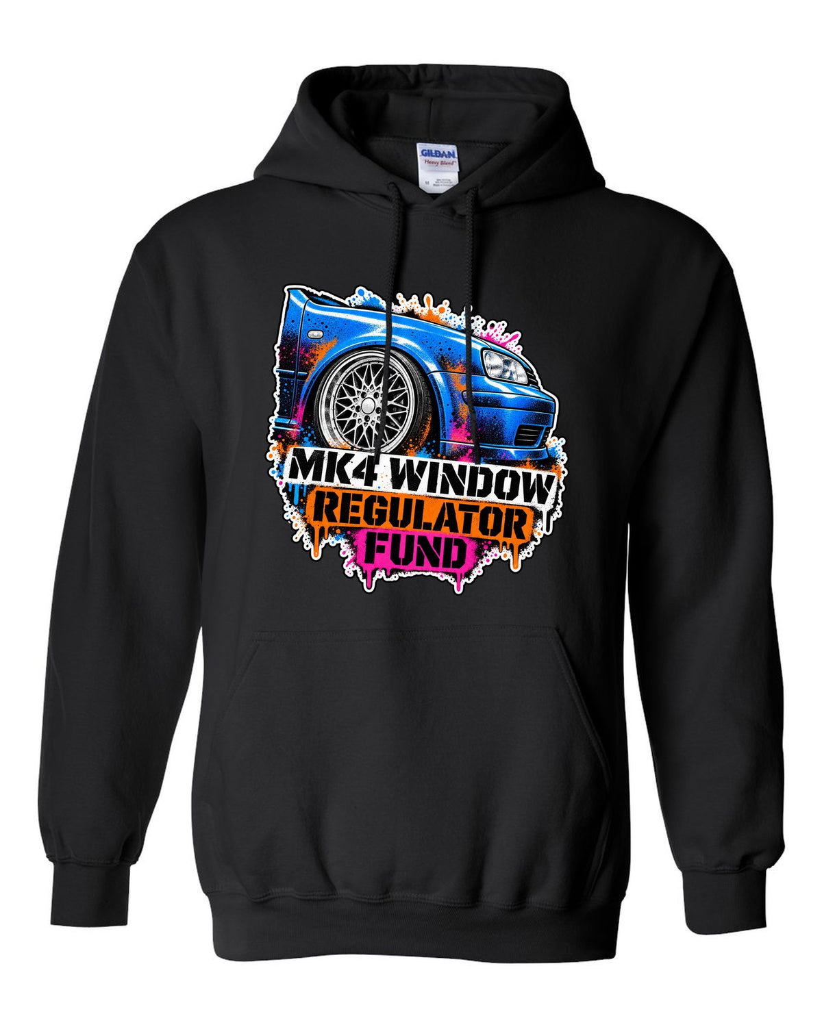 Stencil spray print of a VW Golf Mk4 with mesh wheels and window regulator fund text black pull over hoodie front view with the design
