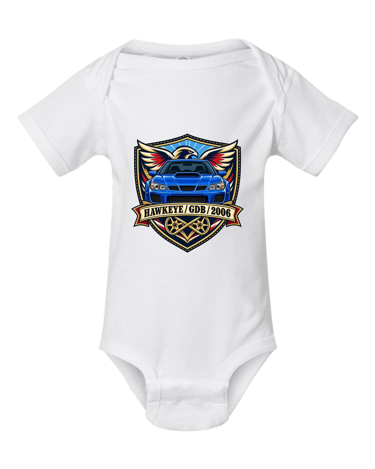 Subaru Impreza WRX STI GDB Hawkeye varsity crest print reading HAWKEYE / GDB / 2006 white baby onesie front view with the design