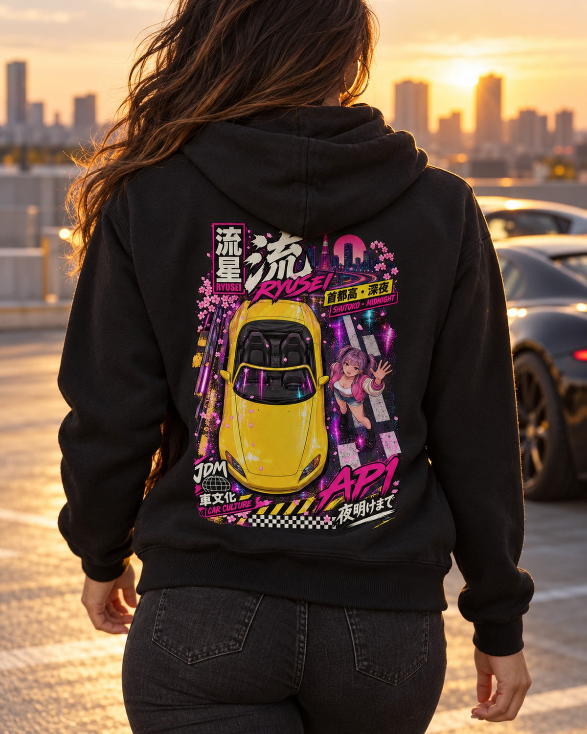 RYUSEI AP1 Anime Girl Full-Back Graphic Tee Zip Hoodie Black worn hero