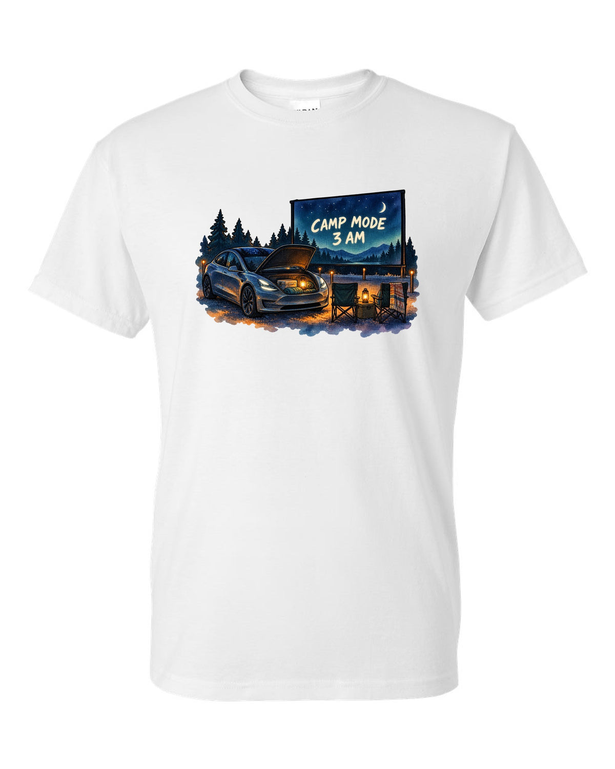 Watercolor wash print of a Tesla Model 3 with the words Camp Mode 3 AM white t-shirt front view with the design