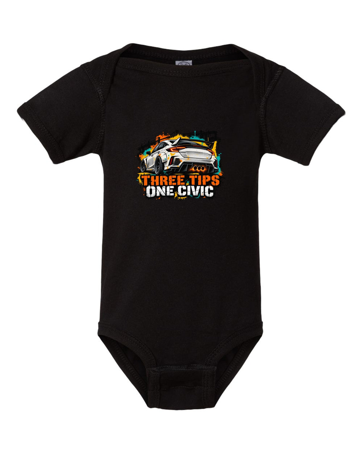 Stencil spray street art print of a 2023 Honda Civic FL5 ch with three tips one Civic text black baby onesie front view with the design
