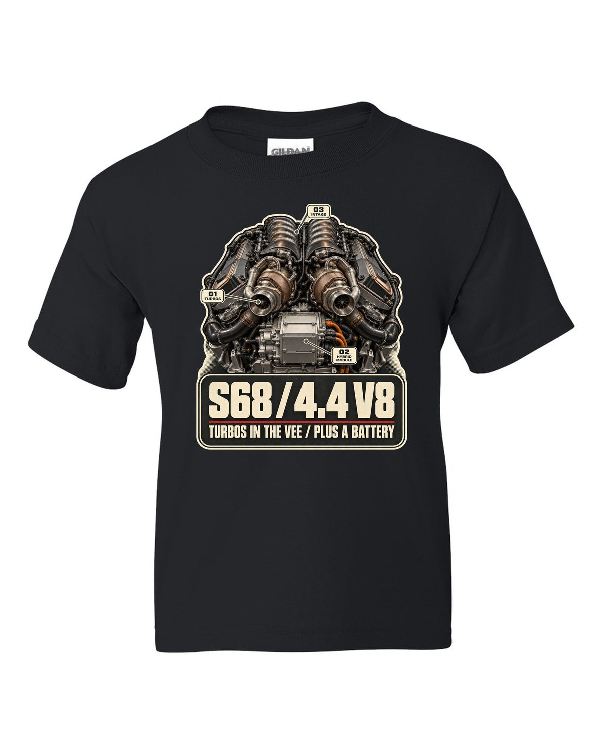 Engine hero print of the S68 4.4 V8 in the BMW XM G09 black kids tee front view with the design