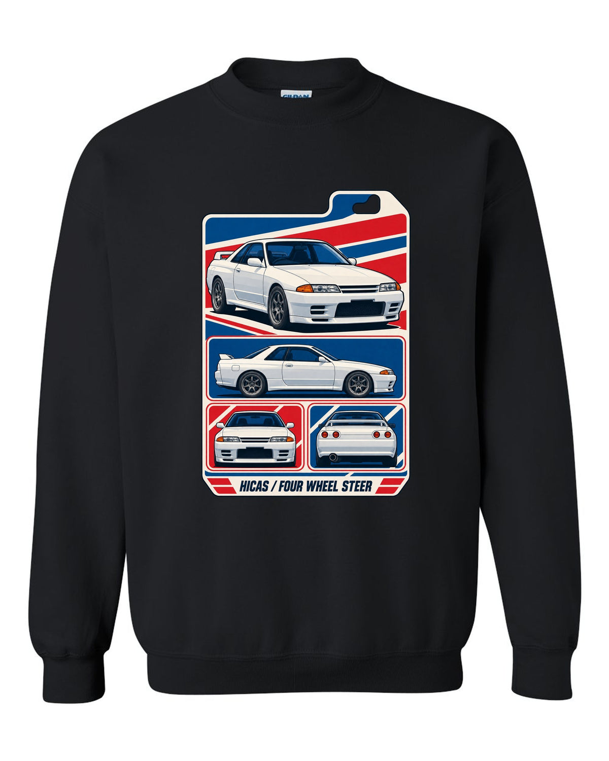 Varsity shield crest print for the Nissan Skyline GT-R R34 reading Allegedly 280 PS, Sure black crewneck front view with the design